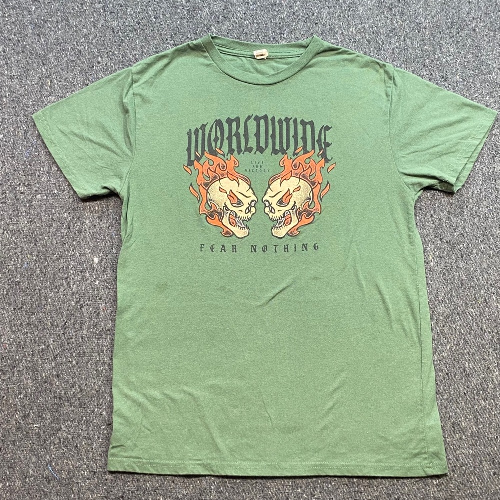 Worldwide Fear Nothing Skull Graphic TShirt Sz M Mens Green Skater‎ Grunge Goth